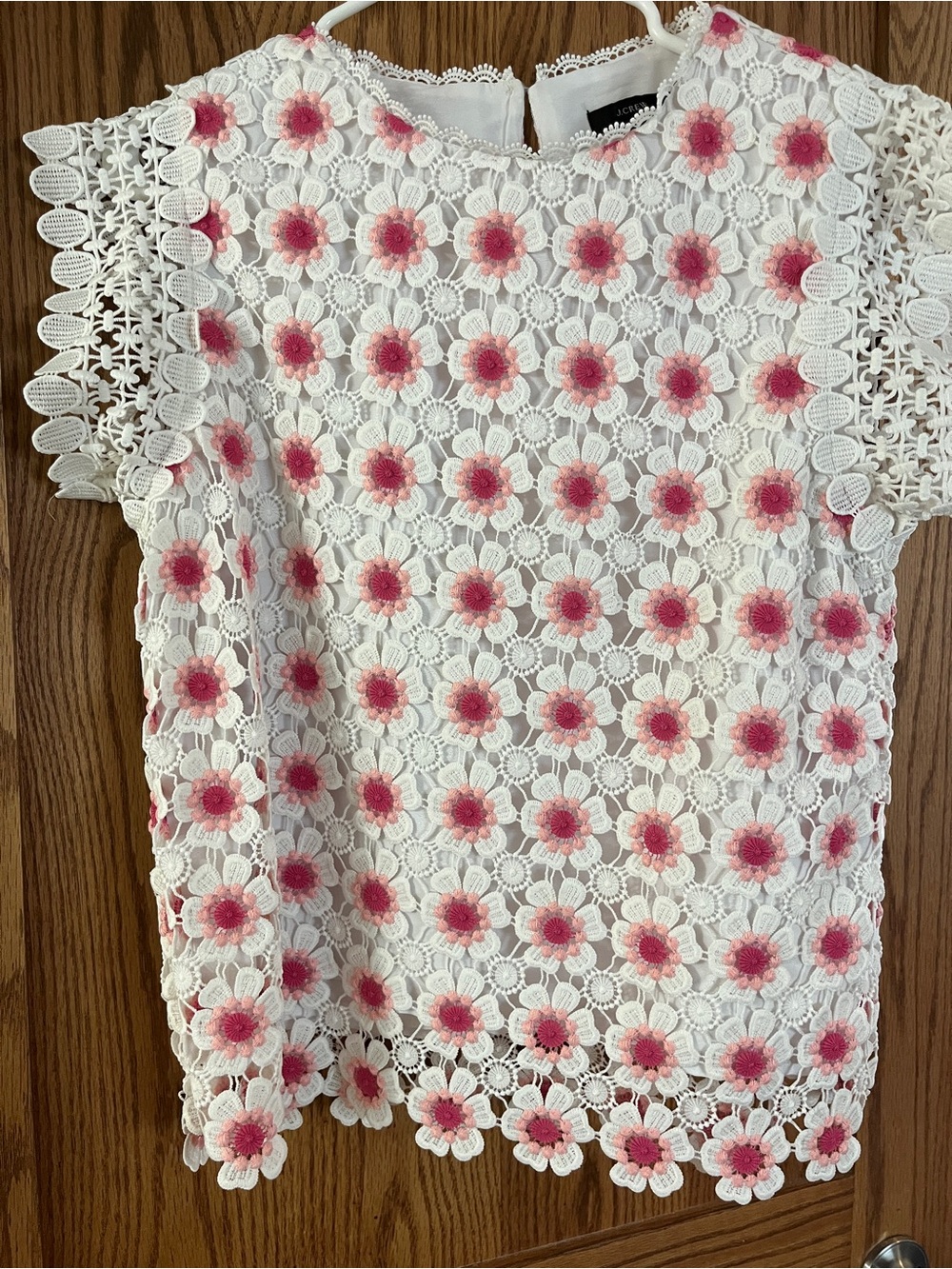 J Crew White Lace Floral Crochet Top with Pink Accents